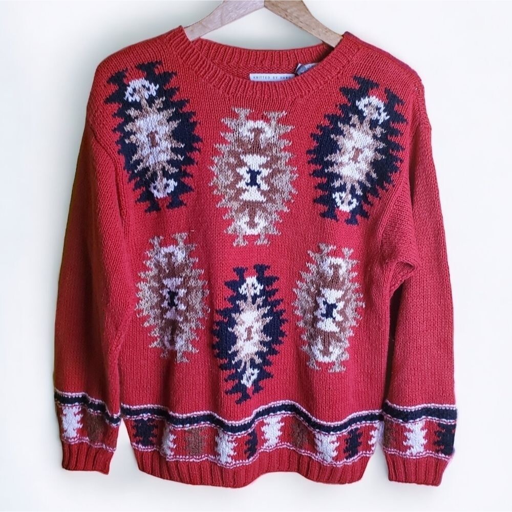 Vintage Hand Knitted Patterned Sweater Size Medium